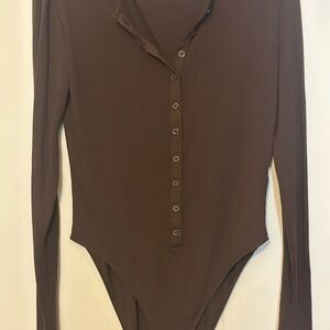 Brown Long Sleeve Button-Up Bodysuit